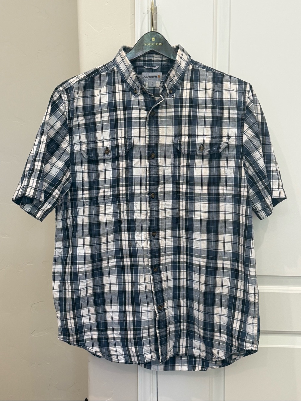 Carhartt Mens Short Sleeve Button Up Navy Blue Plaid Shirt Sz Large 100% Cotton